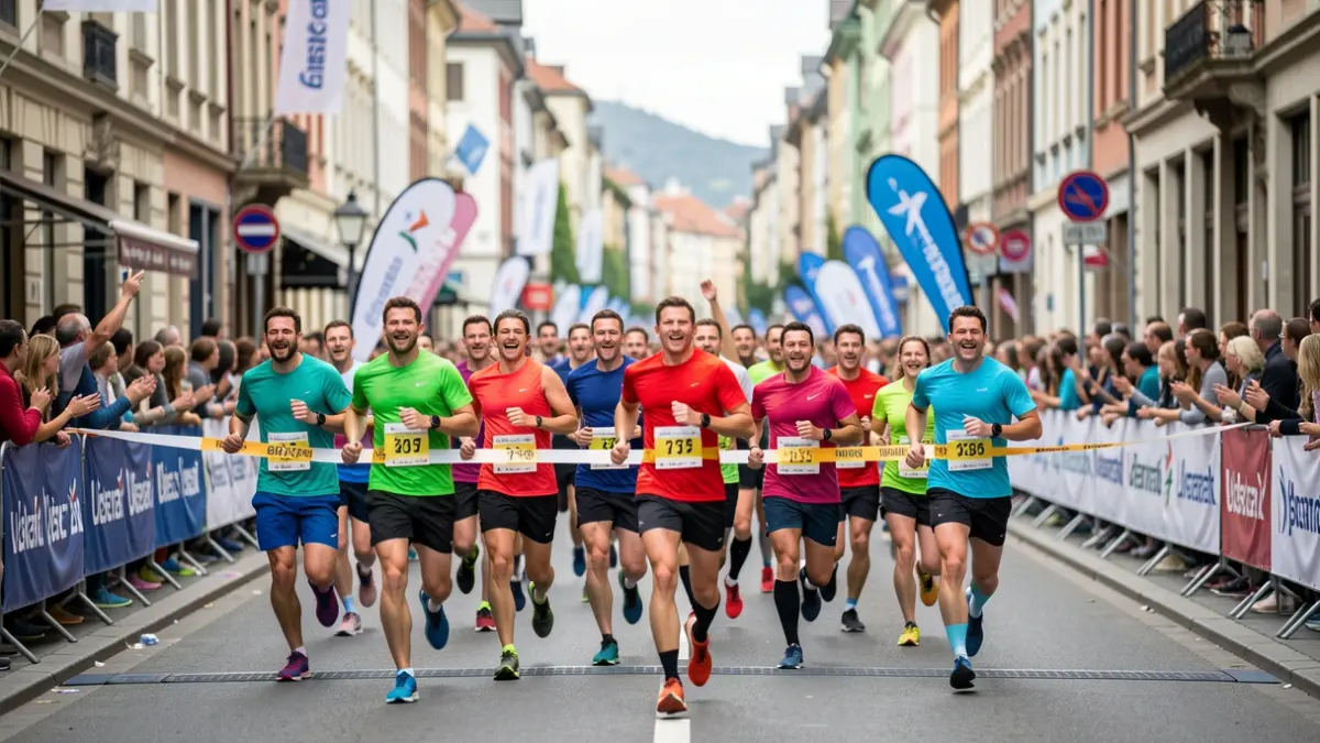 Generic image of a group of runners crossing a finish line in a city street, with blurred buildings and banners in the background.