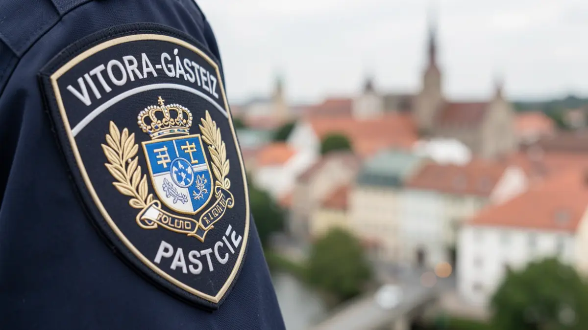 Irudi generiko bat Vitoria-Gasteiz hiriko poliziaren intsignia batena, atzealdean lausotuta.