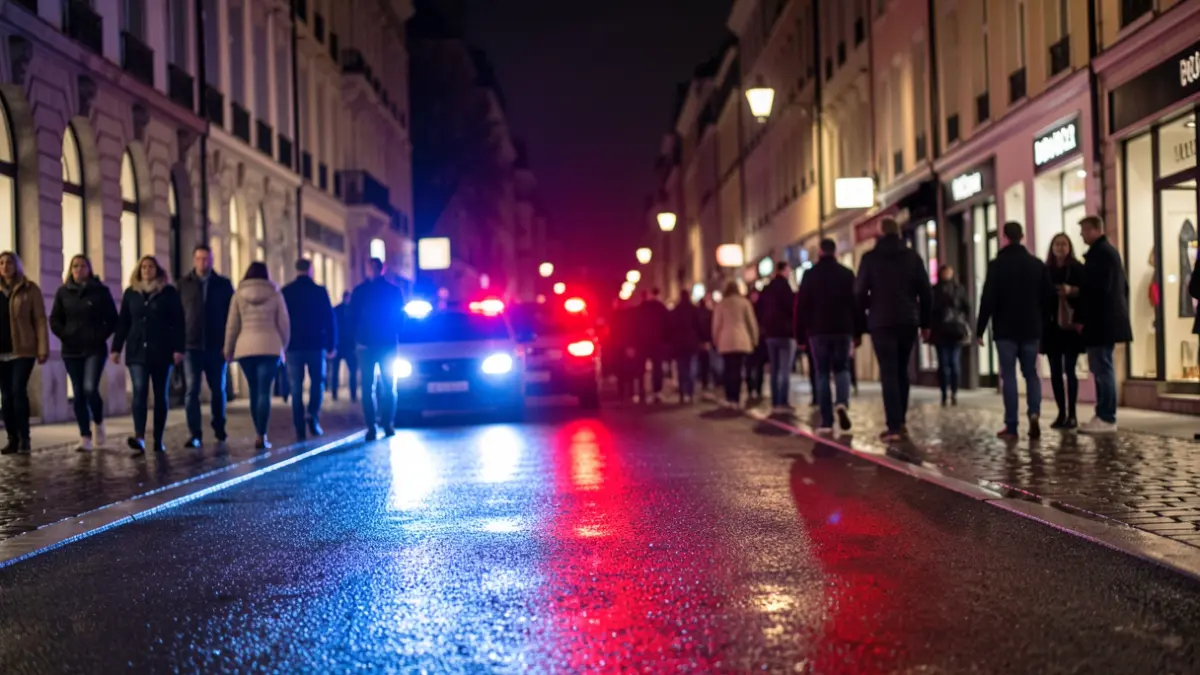 Imagen genérica: Luces de emergencia rojas y azules reflejándose en asfalto mojado por la noche en una ciudad europea.