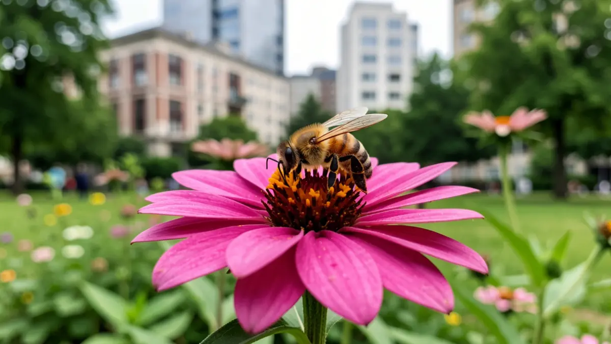 Imagen genérica: una abeja polinizando una flor en un parque urbano.