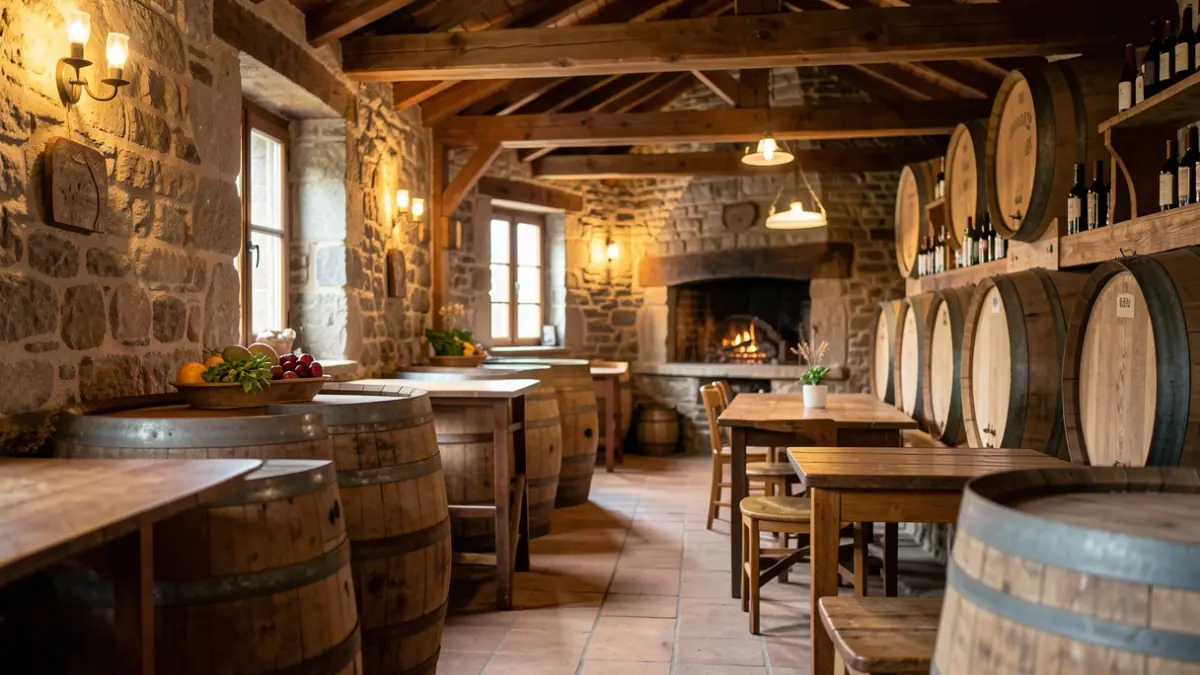 Generic image of a traditional Basque cider house interior with wooden barrels and tables, warm ambient lighting.