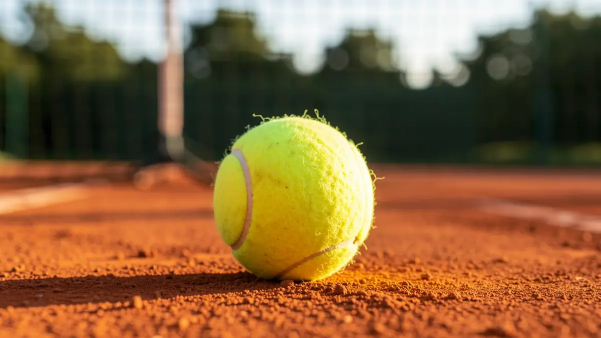 Una pelota de tenis sobre una pista de tierra batida.