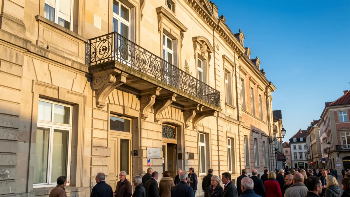 Irudi generikoa Euskadiko udaletxe baten harrizko fatxada, balkoi eta burdin hesiz apaindua, arratsaldeko eguzki beroa.