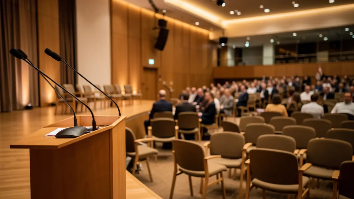 Imagen genérica de una sala de conferencias moderna con micrófonos en un podio y sillas vacías.