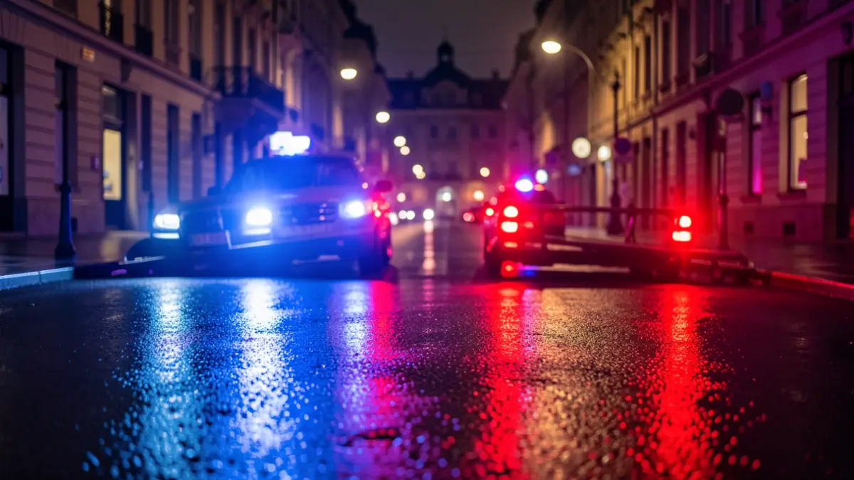 Generic image: blue and red police lights reflecting on wet asphalt on a city street at night.