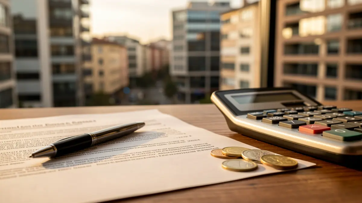 Generic image: A rental contract on a desk with euro coins and a calculator, with the blurred urban skyline of Vitoria-Gasteiz in the background.