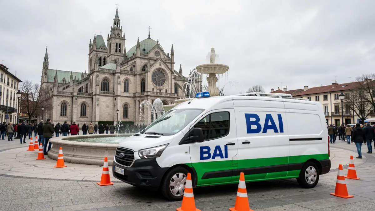 Imagen genérica: Furgoneta blanca con la inscripción "BAI" aparcada junto a la Catedral nueva de Vitoria-Gasteiz, rodeada de conos naranjas.