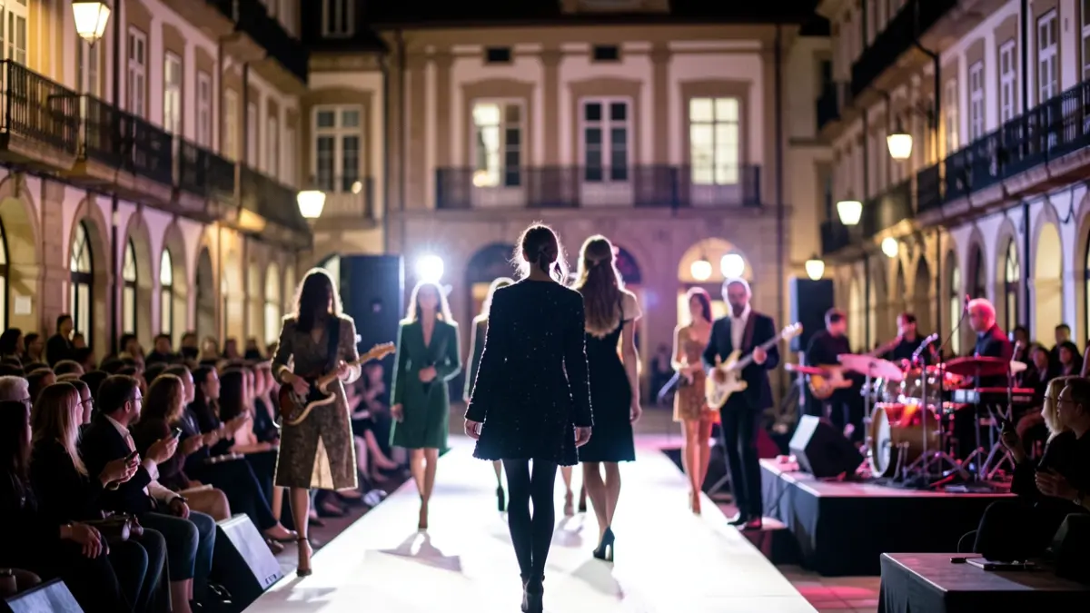 Imagen genérica: Un desfile nocturno en una plaza de Vitoria-Gasteiz, con luces difuminadas y siluetas de modelos.
