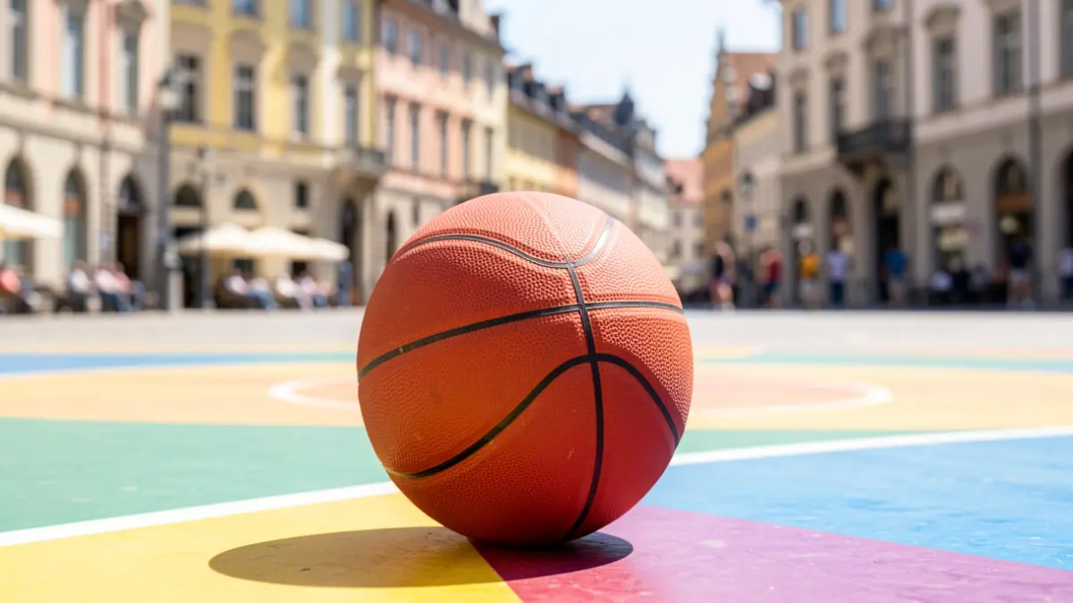 Pelota de baloncesto en una cancha urbana, en la Plaza Nueva de Vitoria-Gasteiz.