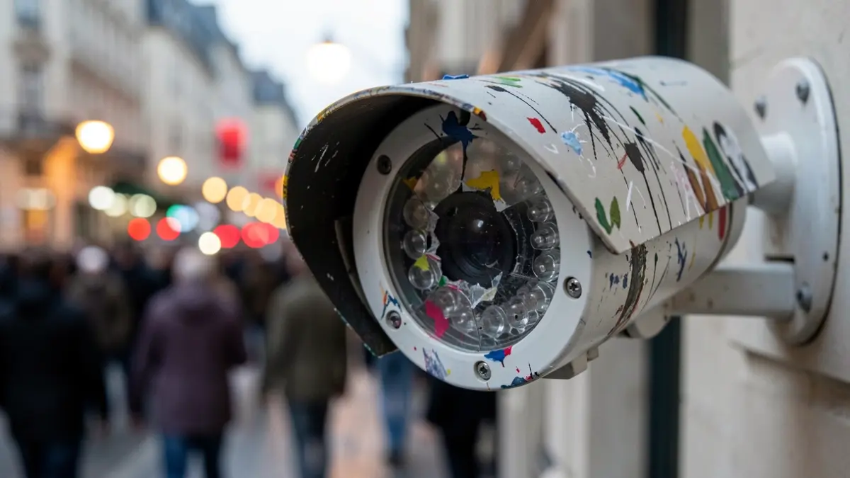Close-up of a vandalized security camera covered in paint, with blurred city street lights in the background.