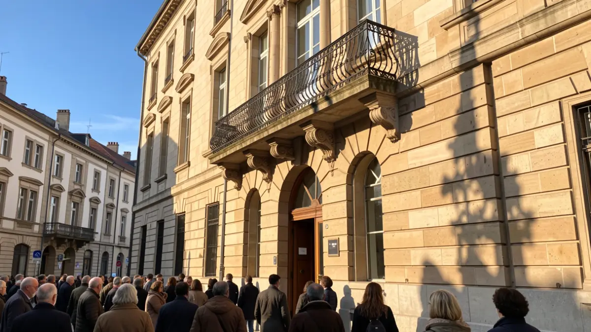 Generic image of a stone facade of a Euskadi town hall with balcony and iron railings, warm afternoon sunlight.