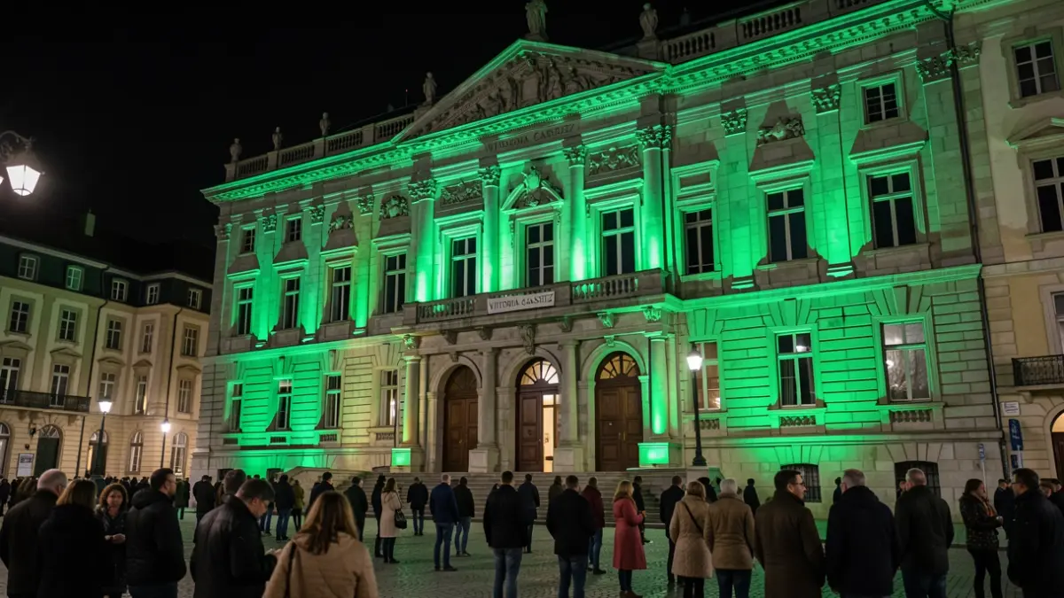Imagen genérica: Fachada del Ayuntamiento de Vitoria-Gasteiz iluminada de verde.