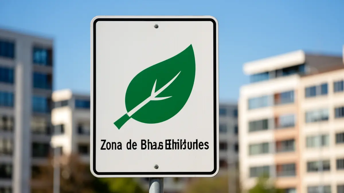 Imagen genérica de una señal de 'Zona de Bajas Emisiones' con el paisaje urbano de Vitoria-Gasteiz al fondo.