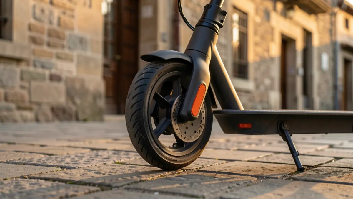 Irudi generikoa: Euskal Herriko herri bateko harrizko espaloi batean aparkatuta dagoen patinete elektriko baten gurpilaren hurbileko plano bat, arratsaldeko argi epela.