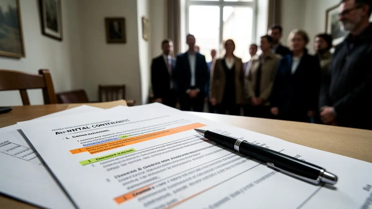 Close-up of a rental contract with several clauses highlighted, and a room in the background.