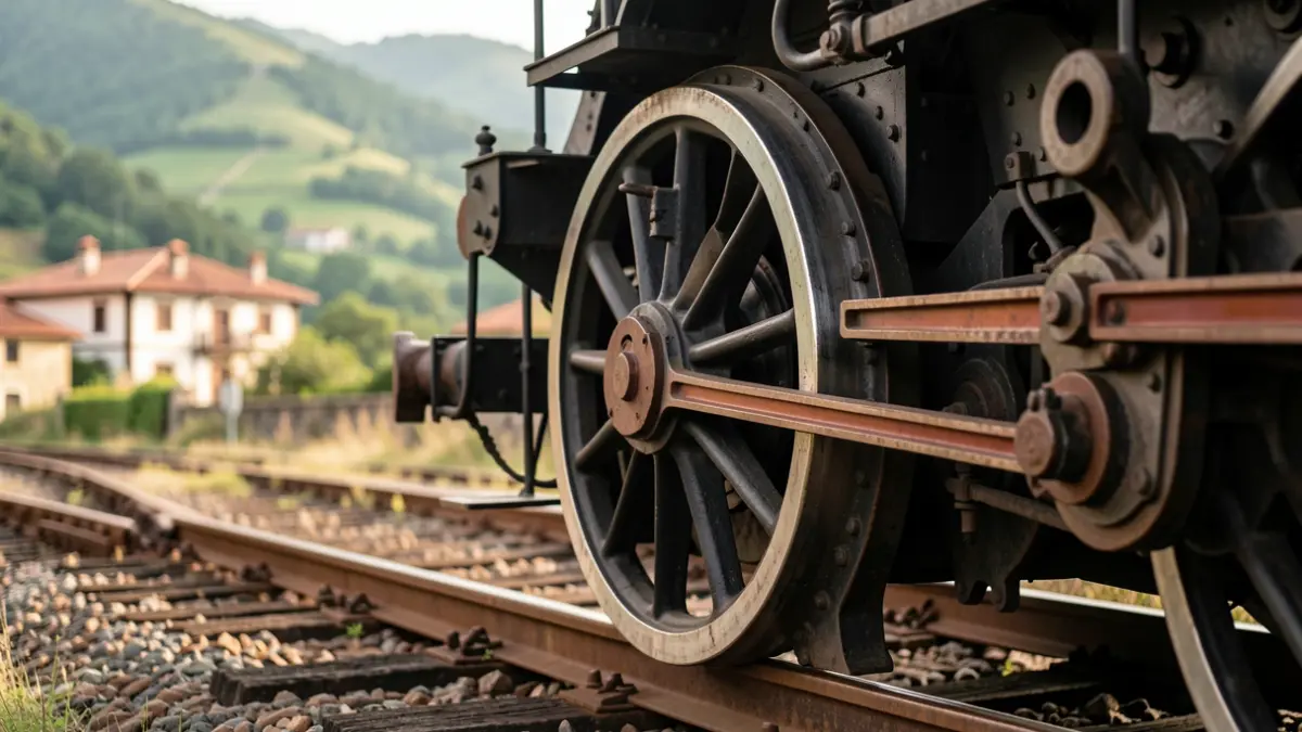 Generic image: Close-up of a historic steam locomotive wheel on old tracks, with Basque hills and traditional architecture in the background.