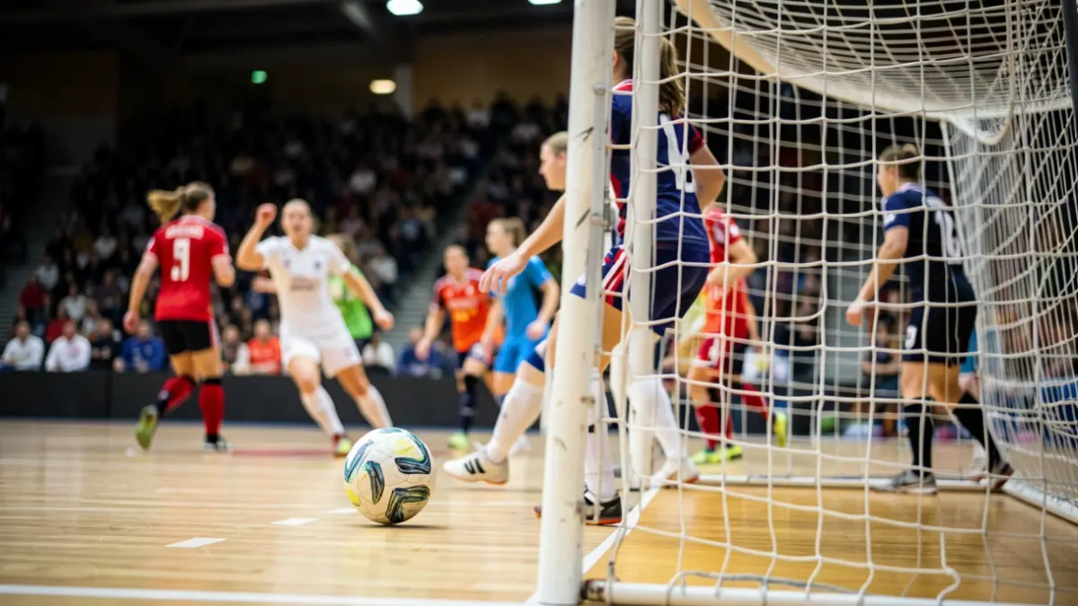 A generic image of a women's indoor soccer match, focusing on the ball and the net, with blurred players in the background.