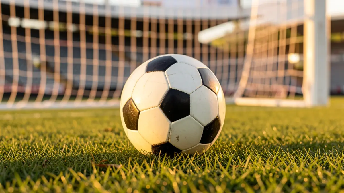 Primer plano de un balón de fútbol sobre césped recién cortado, red de portería blanca desenfocada al fondo, luz de la hora dorada.