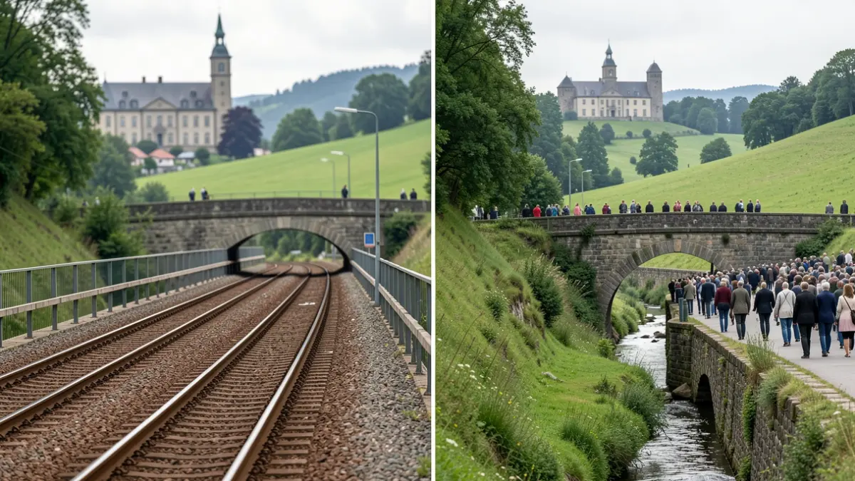 Generic image: a modern train track crossing a stone bridge in a green valley, with a blurred silhouette of a town hall in the background.