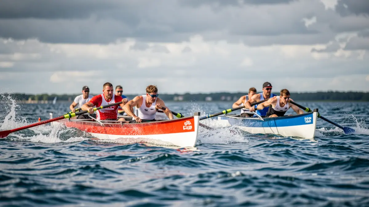 Two rowing boats, one red and white and the other blue and white, competing on choppy blue water under a cloudy sky.
