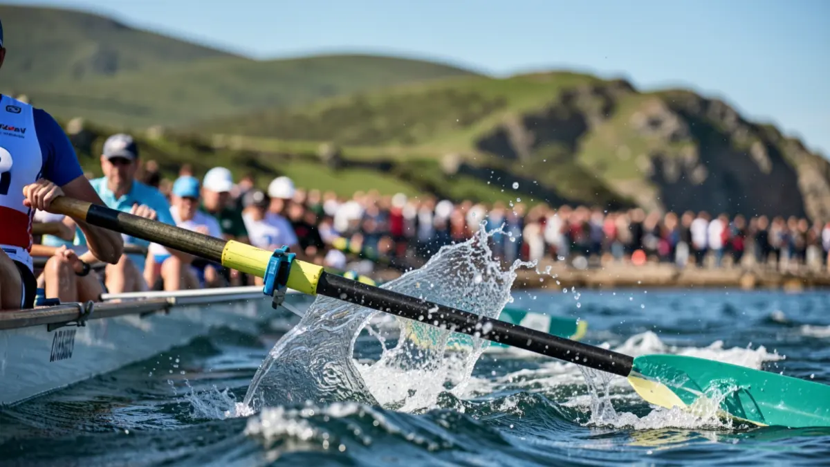 Close-up of a rowing boat's oars splashing water during a race, with blurred green hills and a blue sky in the background, representing the Cantabrian coast.