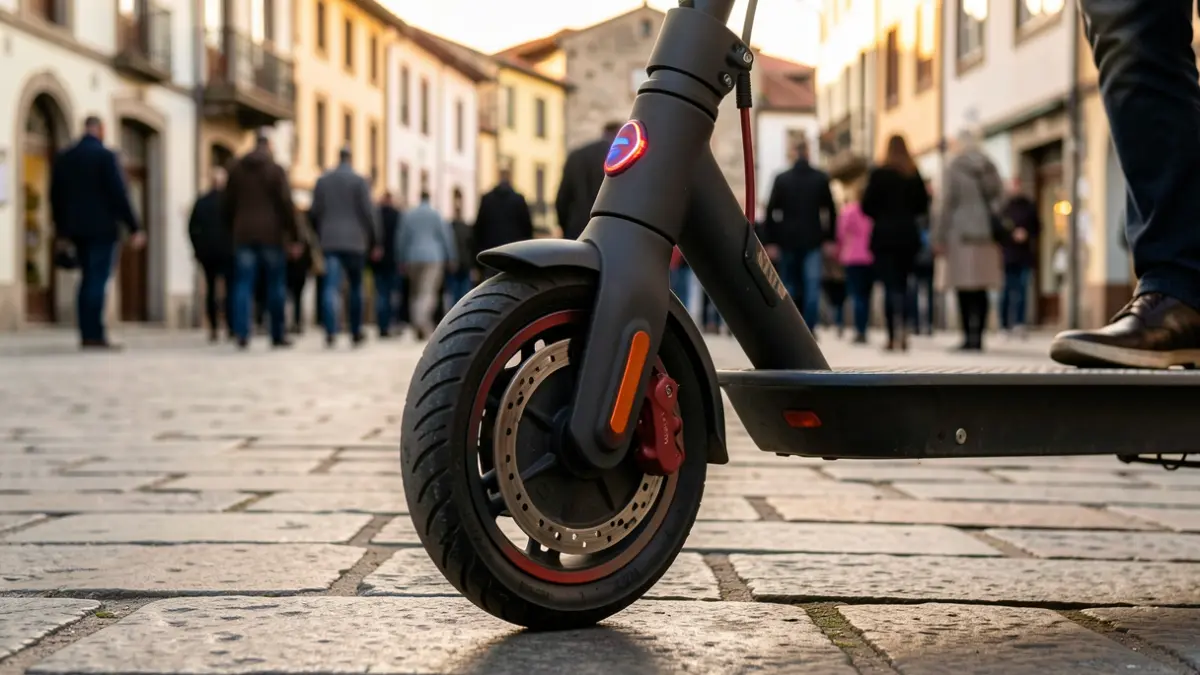 Generic image: Close-up of an electric scooter wheel parked on a sidewalk in a Basque town square, warm evening light.