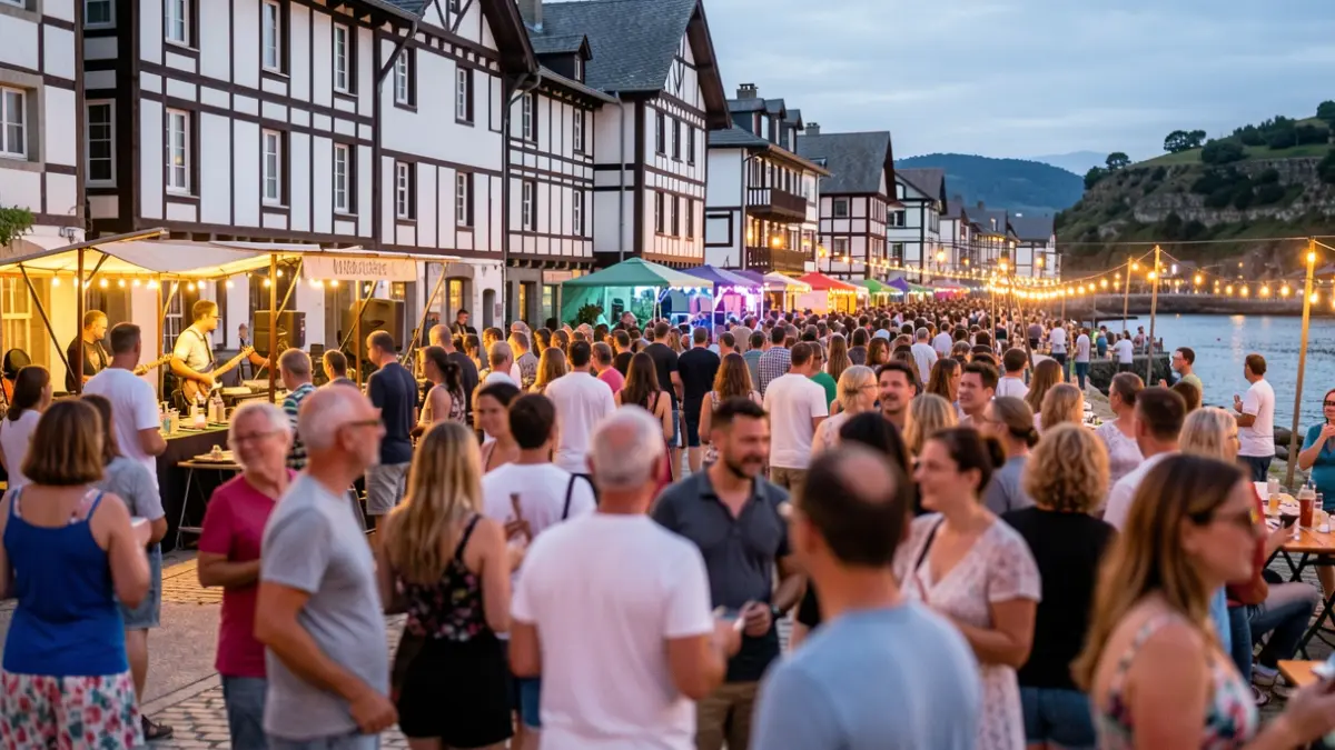 Generic image: A vibrant summer festival scene in a Basque coastal town, with crowds enjoying music and activities under warm lights, traditional architecture in the background.