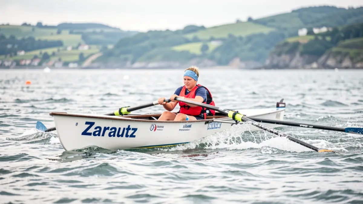 Zarautz arraun taldeko ontzia, uretan lehiatzen, Euskal Herriko kostaldea eta zelai berdeak atzealdean.