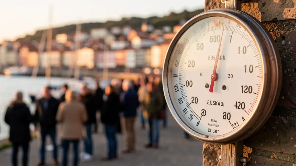 Generic image: Close-up of a thermometer showing a high temperature, with a blurred background of a coastal town in Euskadi, warm evening light.