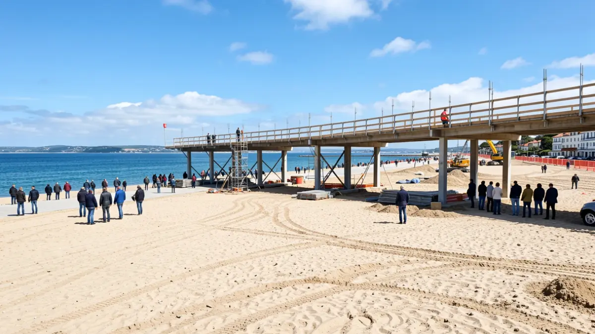 Construction site on a wide sandy beach promenade in Zarautz, Basque Country. Elevated walkway under construction, with sea in the background. Blue sky with some clouds, bright daylight. Focus on the infrastructure work.
