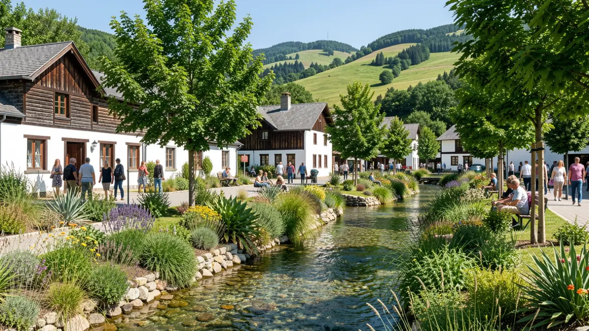 Generic image of a renovated park in Zegama, filled with native plants and trees.