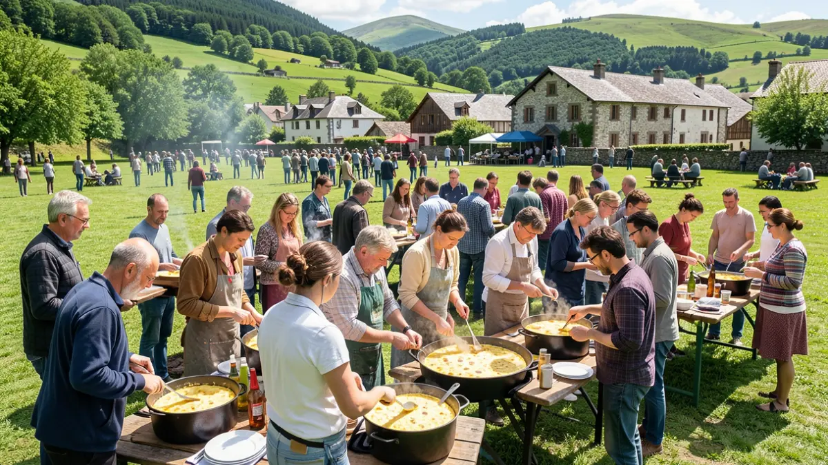 Generic image of a diverse group of people gathered in a park in Zegama, preparing potato omelets.