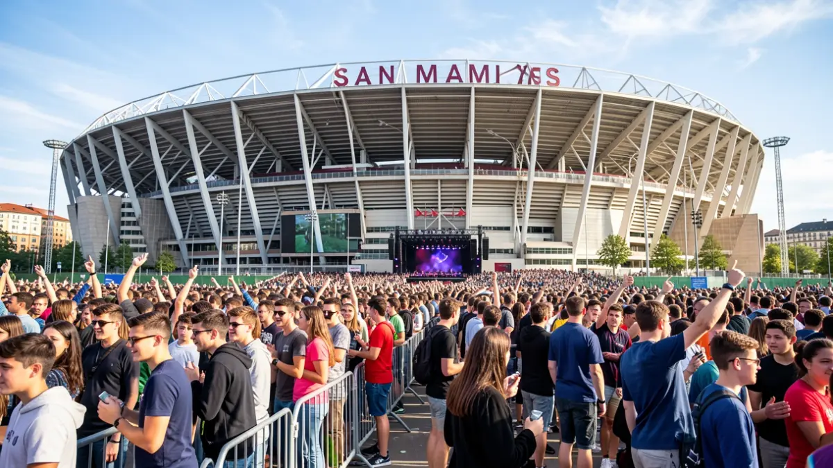 Imagen genérica: Larga cola de jóvenes fans en el exterior del estadio San Mamés, expectantes ante un concierto.