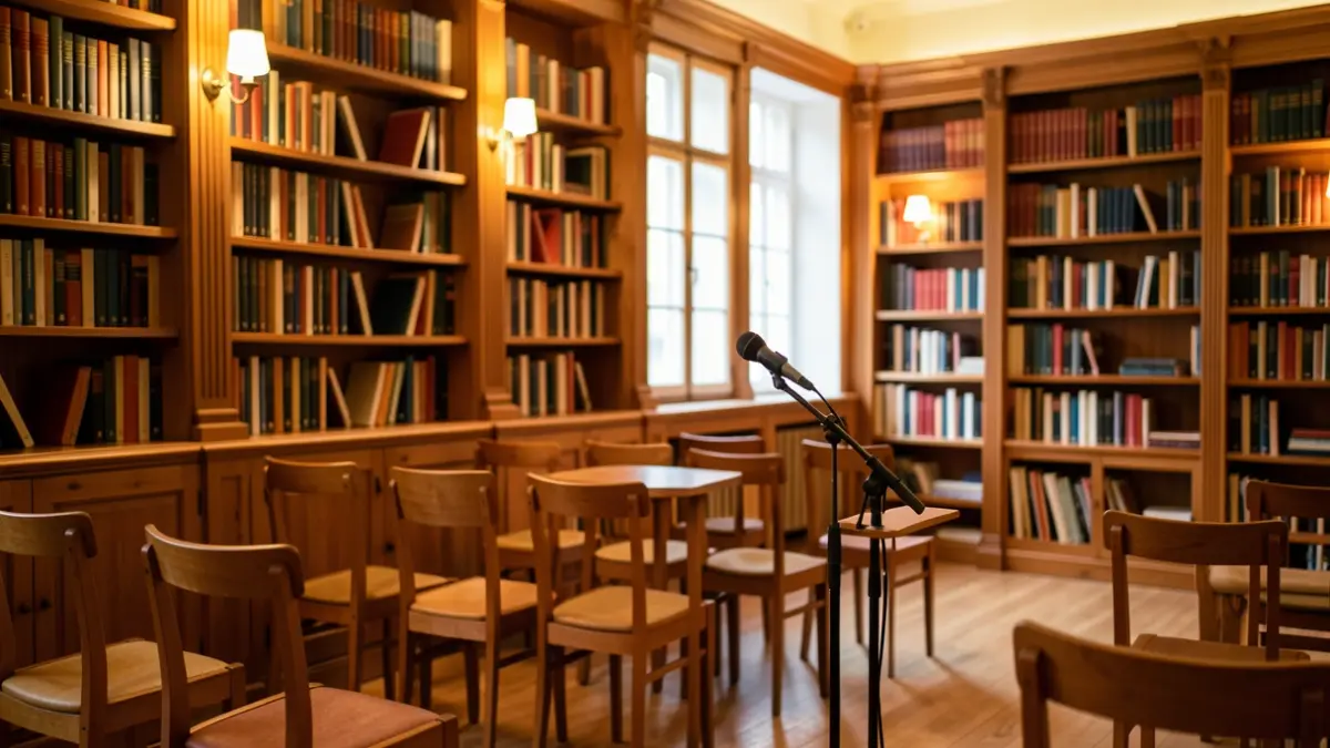 Sala preparada para una presentación de libros, con estanterías de madera y un ambiente acogedor.