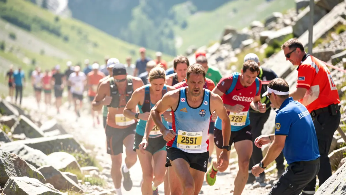 Image of runners receiving assistance during a hot mountain race.