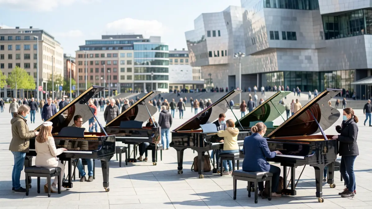 Eight pianos placed in emblematic public locations in Bilbao, with people playing and listening.
