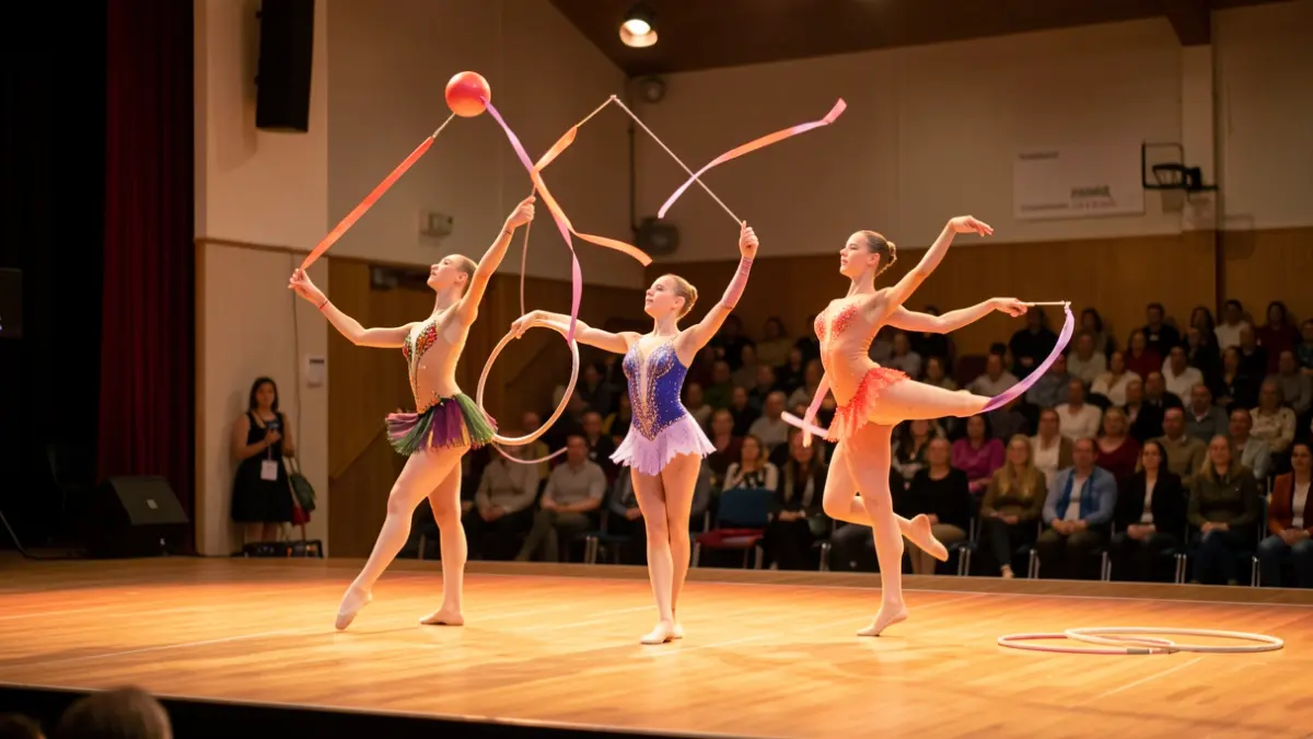 Generic image: Gymnasts performing with ribbons, balls, and hoops in a community center.