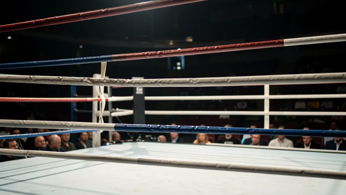Imagen genérica de un ring de boxeo con poca luz y asientos vacíos al fondo.