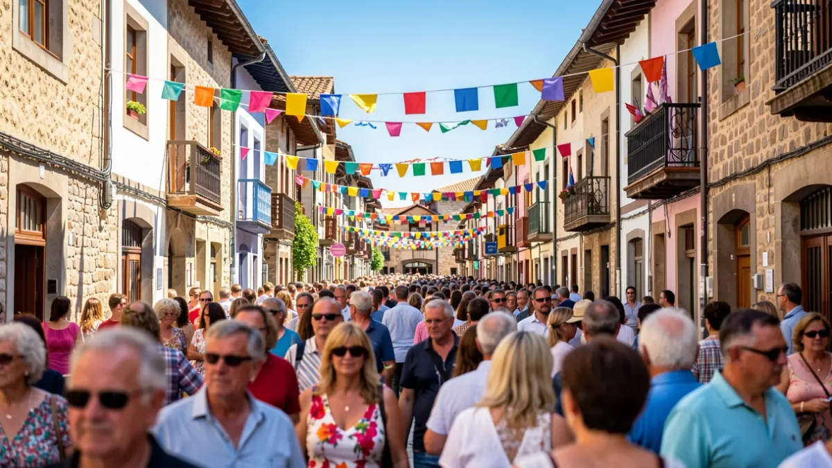 Imagen genérica: Ambiente festivo de un pueblo vasco en verano, con pancartas de colores y gente.