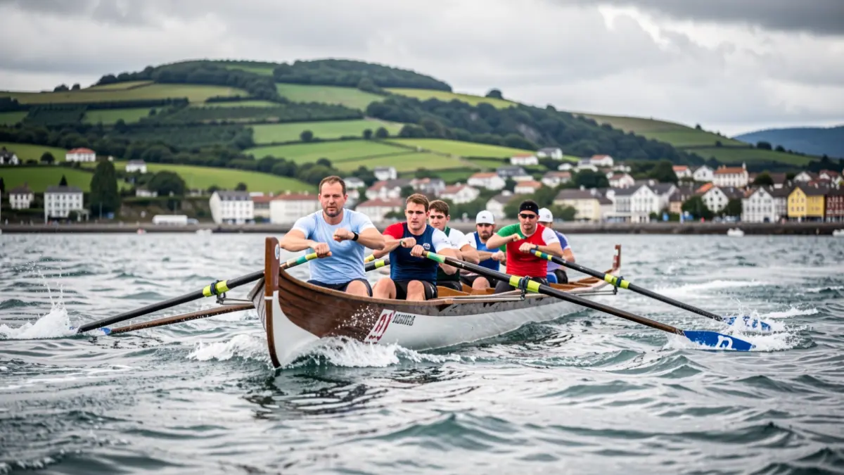 Image of rowers competing in a trainerua during a regatta.