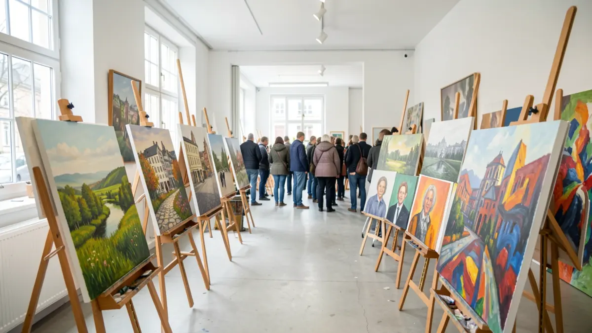 Generic image: Interior of a bright Euskadi art studio, with easels displaying landscapes, portraits, and abstract compositions.