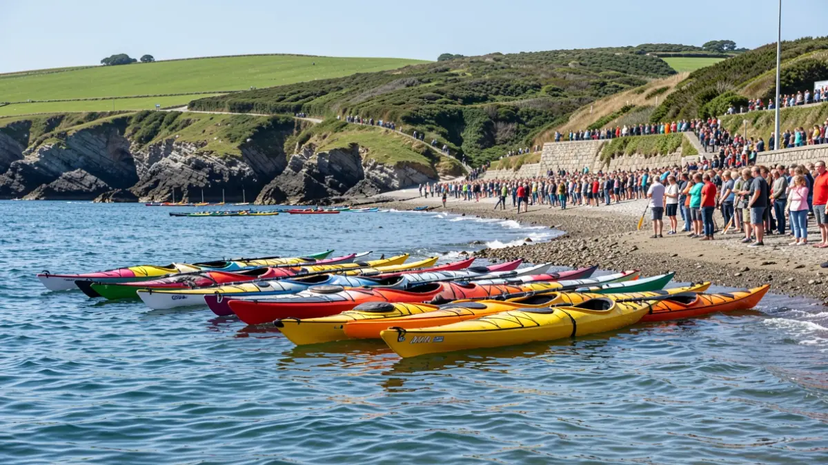 Generic image: Kayaks on the water at the start line in Zumaia, with Basque Country landscape.