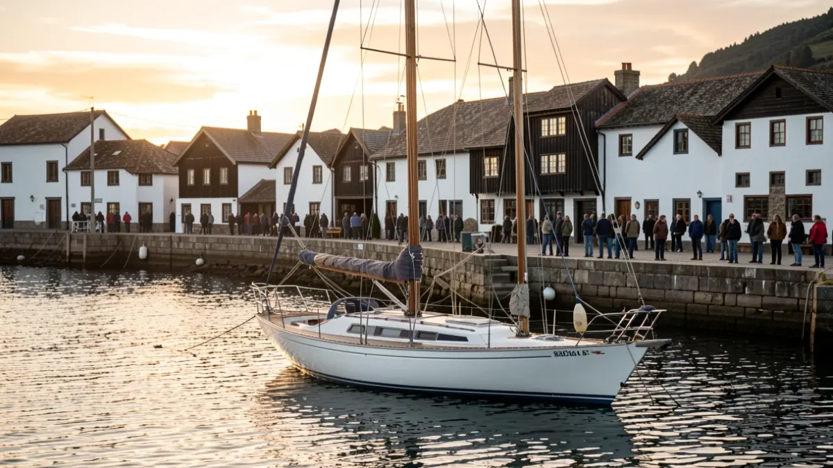 A sailboat moored in the port of Zumaia at sunset.