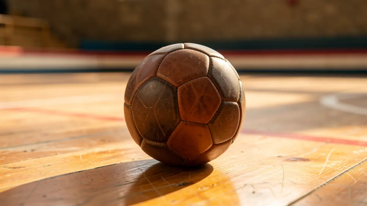 A leather ball on the wooden floor of a fronton.