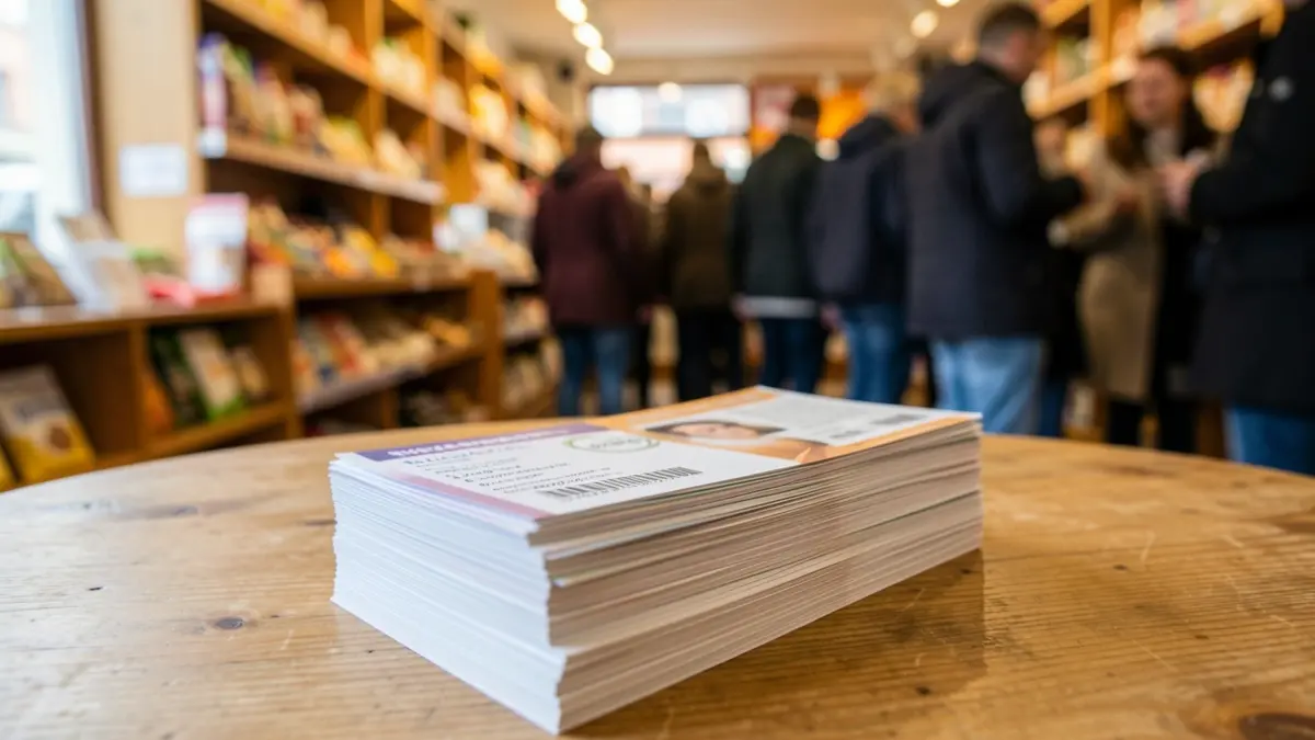 Erosketa bonuak mahai baten gainean, tokiko merkataritzako denda baten atzealde lausoarekin.
