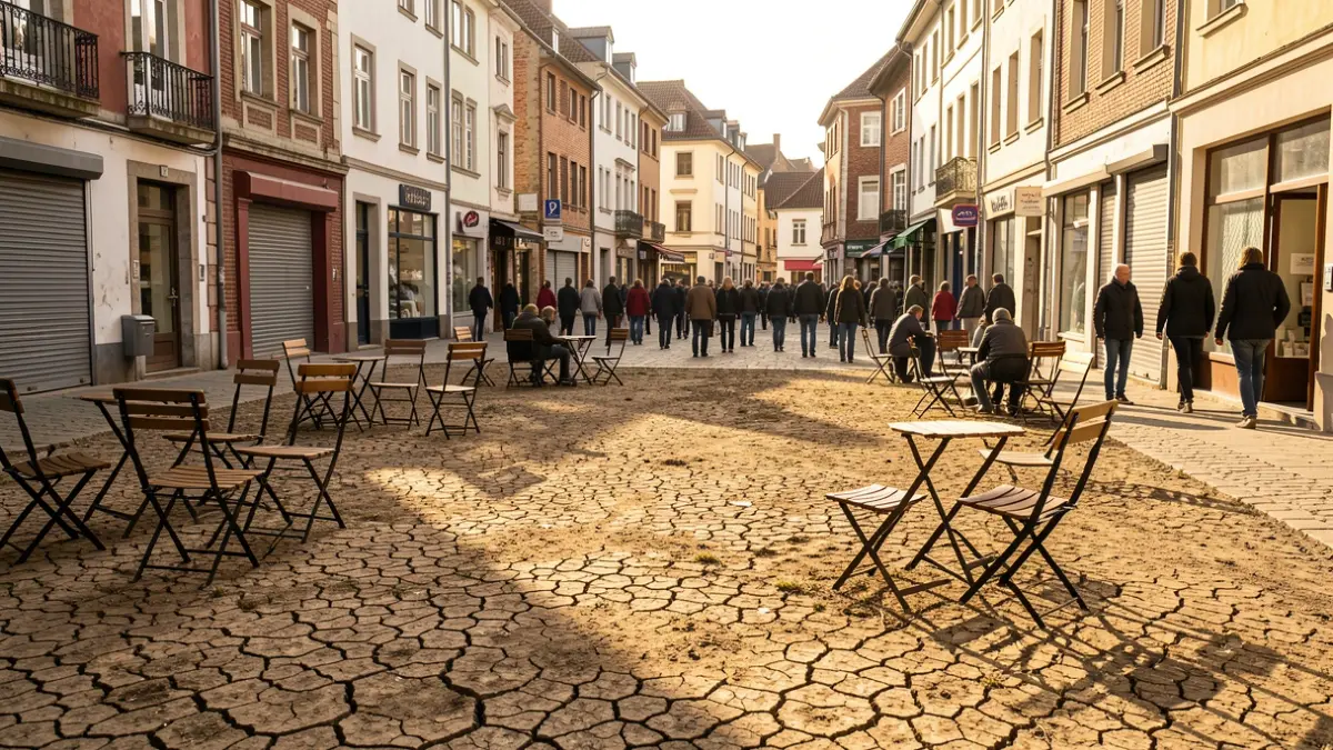 Imagen genérica: Plaza de Zumarraga con calor intenso, tiendas cerradas y largas sombras proyectadas por el sol.