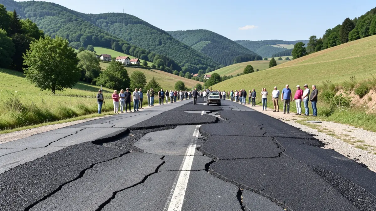 Close-up image of road repair work with fresh asphalt being laid, in a green valley.