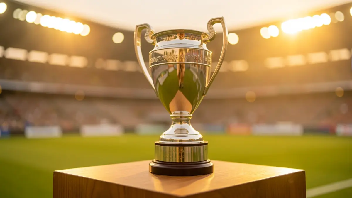 Kirol garaikurra podium batean, estadioaren argiekin atzealdean.
