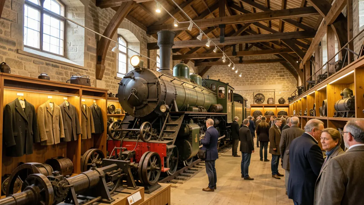 Interior of Euskotren's Basque Railway Museum, showcasing historic diesel and steam locomotives.