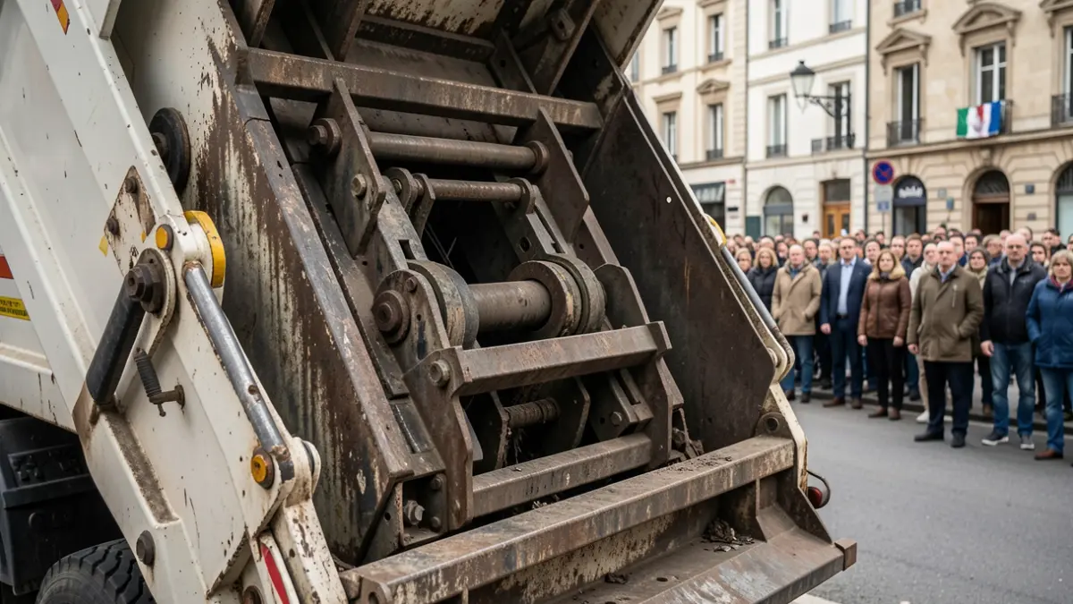 Imagen de primer plano del mecanismo de un camión de recogida de basura.